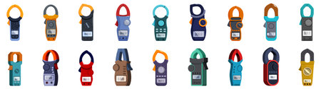 Clamp meter icons set. Collection of clamp meters showing different measurement values, electrical measurement tool icons setのイラスト素材
