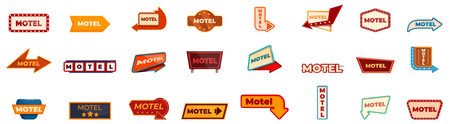 Motel signboard icons set. This set features various motel signs, perfect for projects related to road trips, accommodations, and travelのイラスト素材