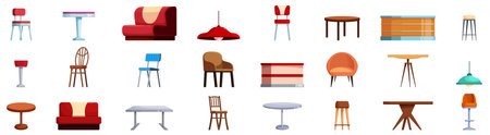 Retro cafe furniture icons set. This vector collection features various cafe furniture elements, perfect for designers creating welcoming and stylish restaurant interiorsのイラスト素材