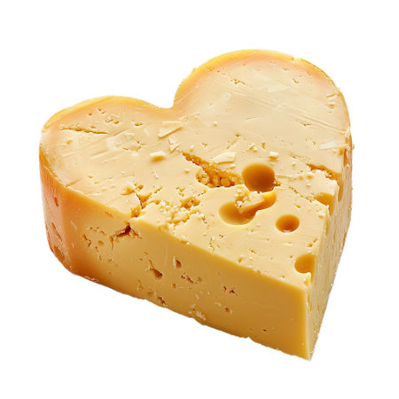 Heart shaped piece of swiss cheese with holes is sitting on a white surfaceの素材