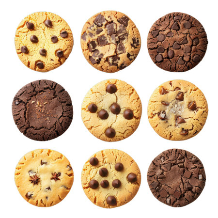 Nine delicious cookies with chocolate chips forming a grid pattern, isolated on a white backgroundの素材