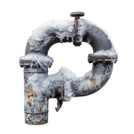 Old rusty industrial pipe covered with snow and ice forming letter p isolated on white backgroundの素材