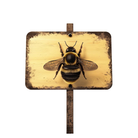 Bumblebee is sitting on a weathered wooden signpost, isolated on a white backgroundの素材