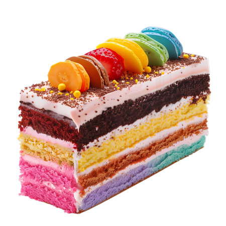 Delicious rainbow cake decorated with macarons and fruits waiting for customers in a pastry shopの素材