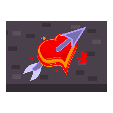 Cartoon illustration of a red heart pierced by an arrow graffiti painted on a brick wallのイラスト素材