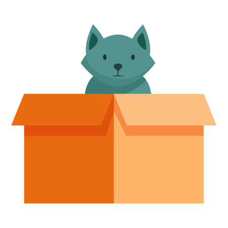 Cute blue cat is peeking out of an orange cardboard box, looking forward with curiosityのイラスト素材