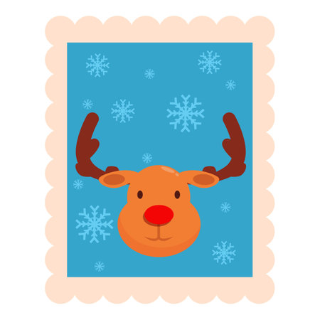 Christmas postage stamp with a reindeer face and snowflakes celebrating christmas holidaysのイラスト素材