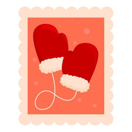 Cheerful postage stamp design showcasing a pair of red mittens, evoking warmth and holiday spiritのイラスト素材
