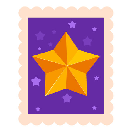 Bright golden star is shining on a purple postage stamp with smaller stars in the backgroundのイラスト素材
