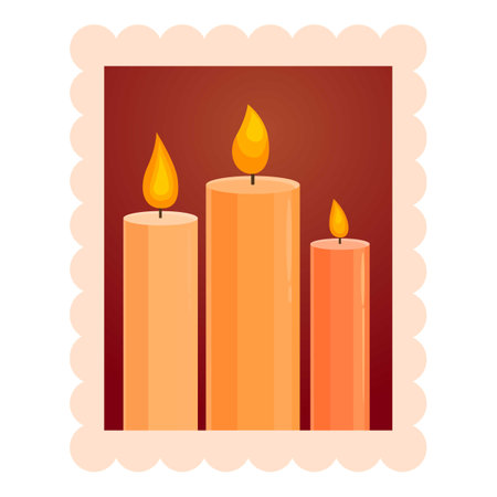 This illustration features three lit candles burning brightly inside a scalloped postage stamp, possibly symbolizing remembrance or celebrationのイラスト素材