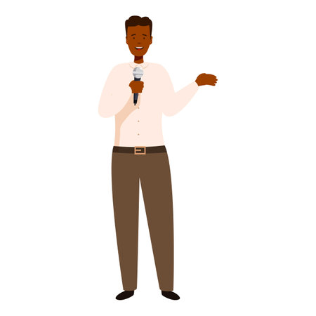 Male character is giving a speech holding a microphone and gesturing with his handのイラスト素材