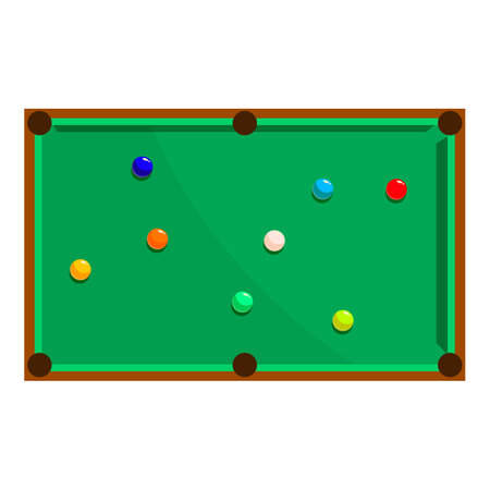 Top view of a pool table with colorful balls spread on the green baize, ready for a gameのイラスト素材