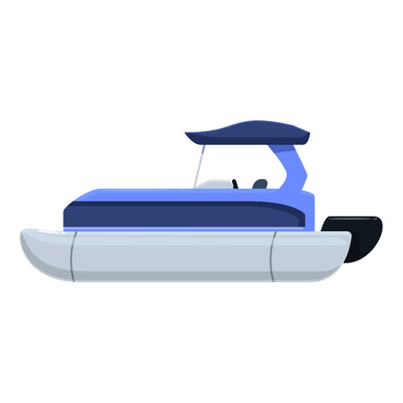 Modern blue pontoon boat with canopy floating on water, side view, isolated on white backgroundのイラスト素材