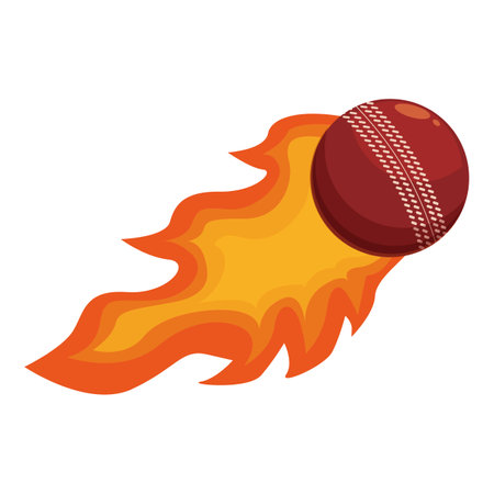 Classic leather cricket ball is flying through the air with a trail of fire, suggesting speed and powerのイラスト素材