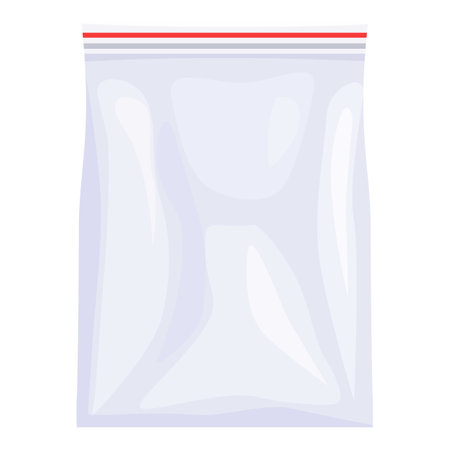 Realistic empty transparent plastic zipper bag with a red stripe is isolated on whiteのイラスト素材