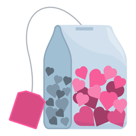 Transparent tea bag filled with pink and grey love hearts for a romantic valentines day infusionのイラスト素材
