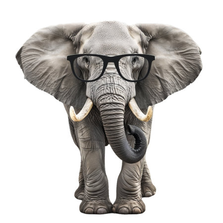 African elephant with large tusks is standing and wearing black eyeglassesの素材