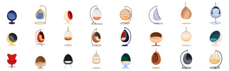 Egg chair icons set. Set of stylish egg chairs offering ultimate comfort and relaxation, perfect for adding a touch of elegance to any living spaceのイラスト素材