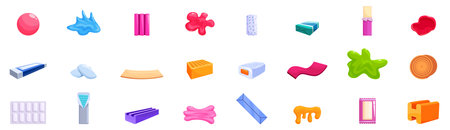 Chewing gum icons set. Set of colorful illustrations representing various types of chewing gum and bubble gum, with different flavors, shapes, and packagingのイラスト素材