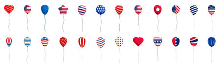 4th july air balloon icons set. Set of various patriotic balloons featuring stars and stripes design elementsのイラスト素材