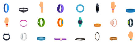 Mosquito repellent bracelet icons set. Set of smart watch icons showing different models and colors for men and women, isolated on whiteのイラスト素材