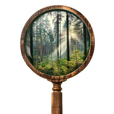 Magnifying glass is revealing sunlight shining through trees in a forestの素材