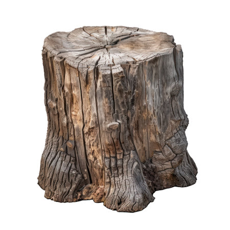 Old tree stump standing isolated on a white background, showing the rough texture of the woodの素材
