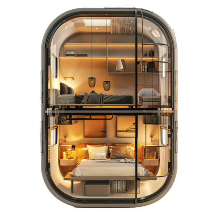 This illustration showcases a modern tiny house interior, featuring two distinct levels that maximize space and create a cozy living environmentの素材