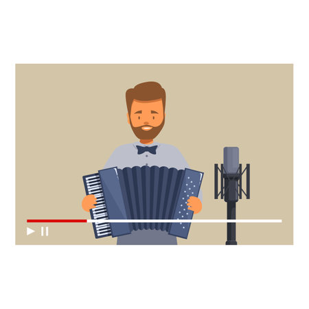 Bearded musician in elegant clothes playing accordion in front of microphoneのイラスト素材
