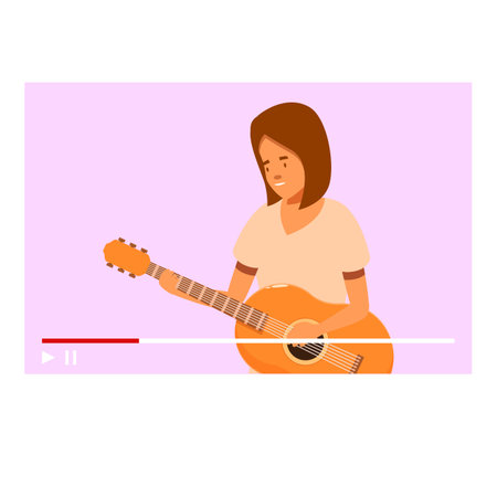 Young woman is playing acoustic guitar in an online learning videoのイラスト素材