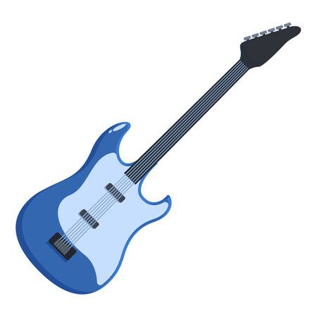 Blue electric guitar is lying on a white background, strings perfectly aligned, ready to be playedのイラスト素材