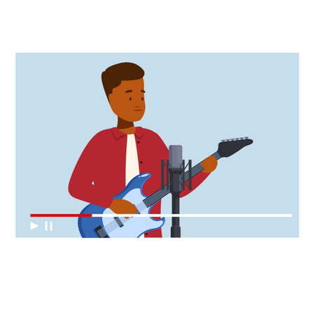 Male musician playing electric guitar and recording music for his video blogのイラスト素材