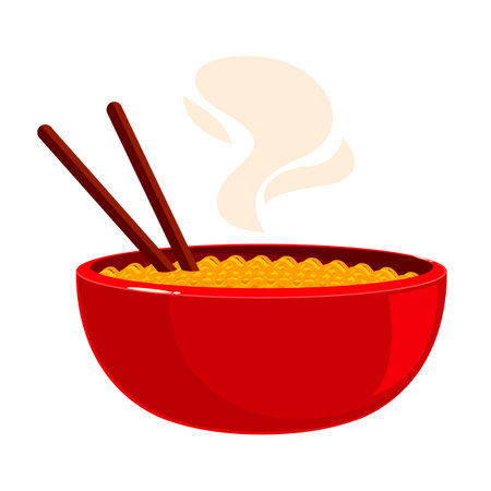 Red bowl is releasing steam over delicious hot noodles with chopsticksのイラスト素材