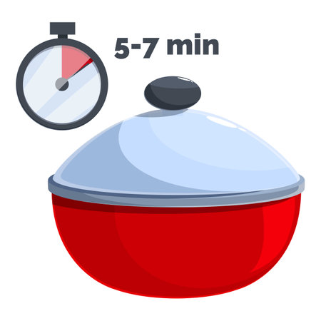 Red cooking pot is standing on a fire with a timer showing 5 7 minutes cooking timeのイラスト素材