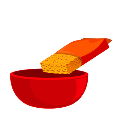 Brick of instant noodles being put into a red bowlのイラスト素材
