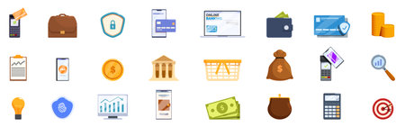 Global payment solutions icons set. This set of icons depicts various aspects of online banking, financial transactions, and security measuresのイラスト素材