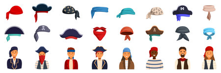 Pirate bandana icons set. Diverse group of people are wearing various pirate hats and bandanas, showcasing different styles and colors associated with the pirate themeのイラスト素材
