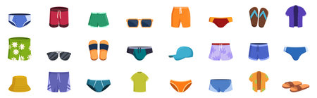Male beach wear icons set. Collection of colorful summer clothes and accessories perfect for a vacation on the beachのイラスト素材