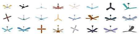 Ceiling fan icons set. Set of different ceiling fans rotating for cooling air in the room, home appliances on white backgroundのイラスト素材