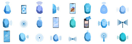 Beacon technology icons set. Bluetooth beacon set with various devices connecting and transmitting data illustrating proximity marketing conceptのイラスト素材