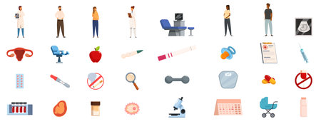 Pregnancy planning icons set. Medical icons set of people getting ready for pregnancy and visiting doctor during pregnancy with related medical equipment and symbolsのイラスト素材