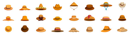 Straw headwear icons set. This set of hats includes a variety of styles, representing different cultures and professionsのイラスト素材