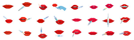 Lip injections icons set. Several illustrations of red lips receiving injections in a beauty clinic, showing the process of lip augmentationのイラスト素材