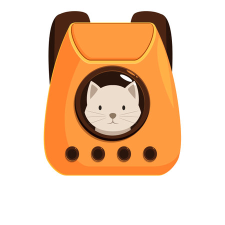 Illustration of a white cat sitting in an orange pet carrier backpack, looking out of the round windowのイラスト素材