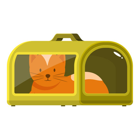 Ginger cat is lying inside a yellow pet carrier, ready for a safe and comfortable journeyのイラスト素材