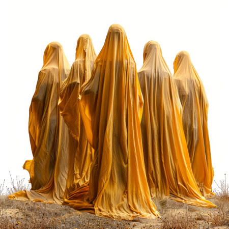 Five people covered with yellow fabric standing side by side in the desertの素材