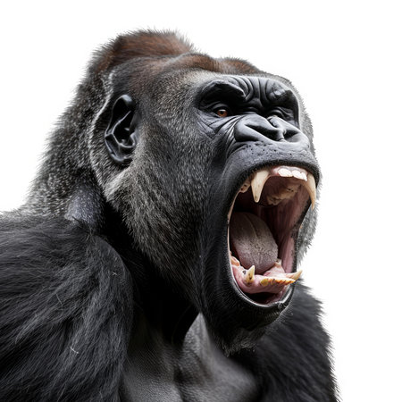 Silverback gorilla is showing teeth while screaming on a white backgroundの素材