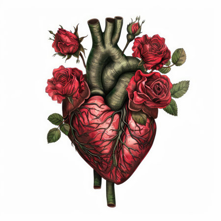 This vintage illustration features an anatomical heart intertwined with red roses, symbolizing the intense beauty and fragility of loveの素材