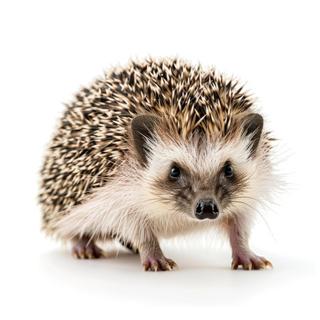 Small european hedgehog standing on a white background, looking aheadの素材