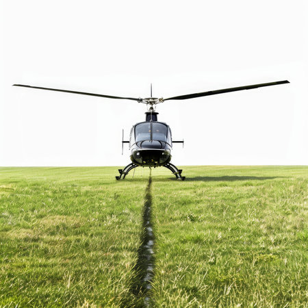 Black helicopter is landing on a green grass field, creating a dividing line in the grassの素材